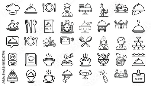 Restaurant and Catering Line Icons Set  Food Delivery, Chef, Menu, Table Service, Kitchen Tools