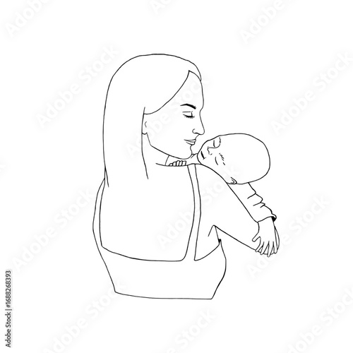 Baby is lying on mother shoulder. Mother hugs sleeping child. Graphic vector illustration, sketch line art style. Motherhood to Mother Day. For postcards, parenthood articles, children care product