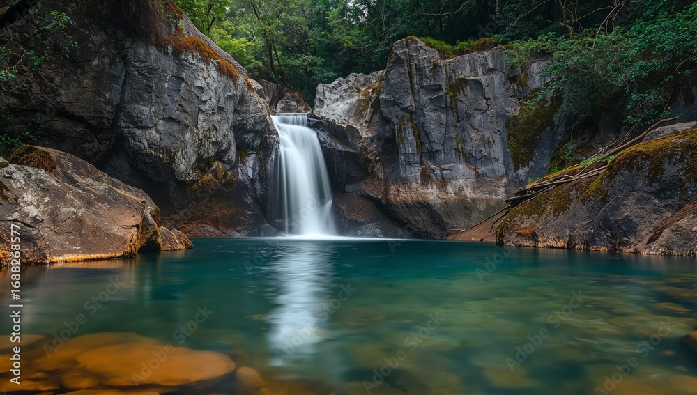 Naklejka premium Aqueous Cascade. Emerald Pool and Stone Facades Under Canopy of Green, A Serene Vista.