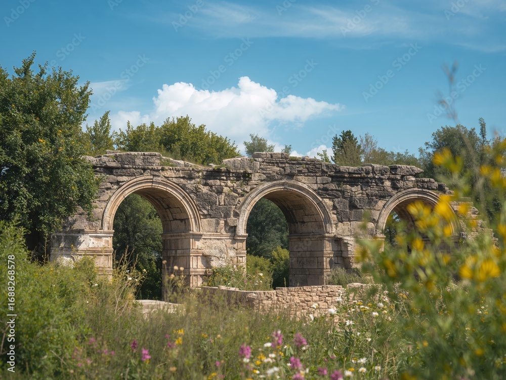 Obraz premium Arched Stone Relics in an overgrown field Sky, Clouds, Natures Embrace.