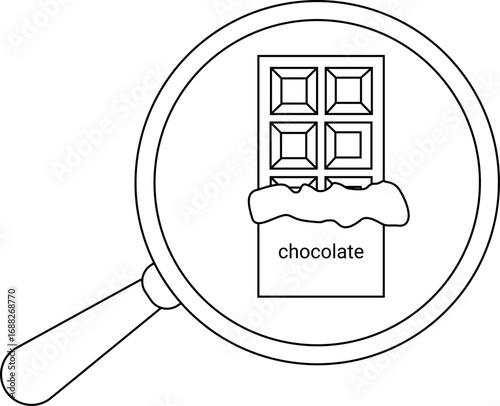 magnifying glass icon and chocolate bar icon with white background
