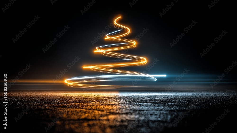 Obraz premium Minimalist Christmas tree outlined with glowing neon blue and golden yellow light, centered with sharp symmetry, high contrast illumination on dark elegant background, modern clean holiday concept