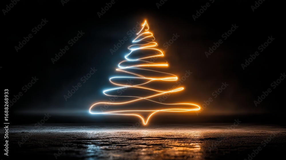 Obraz premium Minimalist Christmas tree outlined with glowing neon blue and golden yellow light, centered with sharp symmetry, high contrast illumination on dark elegant background, modern clean holiday concept