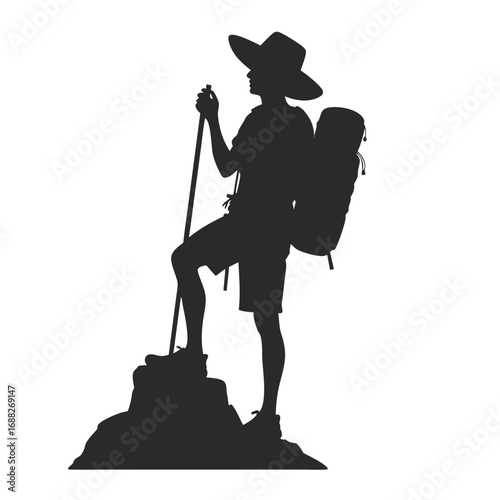 Silhouette hiker with backpack and trekking pole on rocky peak