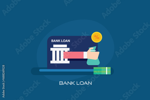 Hand holding a money bag emerging from a computer screen, representing the concept of bank loan disbursement with applicable interest rates.