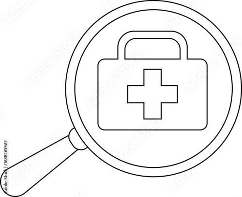 magnifying glass icon and first aid kit icon with white background