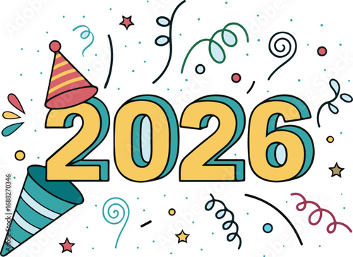 Fun 2026 New Year Celebration with Party Hats, Balloons, and Confetti