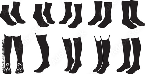 Variety of Black Silhouette Socks and Stockings with Patterns on White Background Keywords: socks, stockings, hosiery, legwear, fashion, clothing, apparel, accessory, footwear, style, black