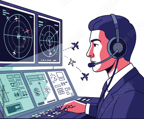 Air Traffic Controller at Radar Station Vector Illustration