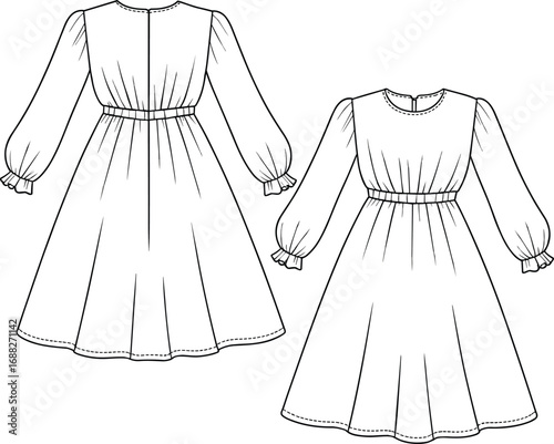 Girls’ long sleeve gathered dress fashion flat sketch with waist seam, back zipper, full skirt, ruffle cuff, vector illustration
