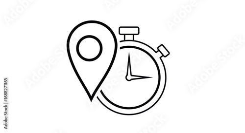 Black and white line art icon of location pin and stopwatch.