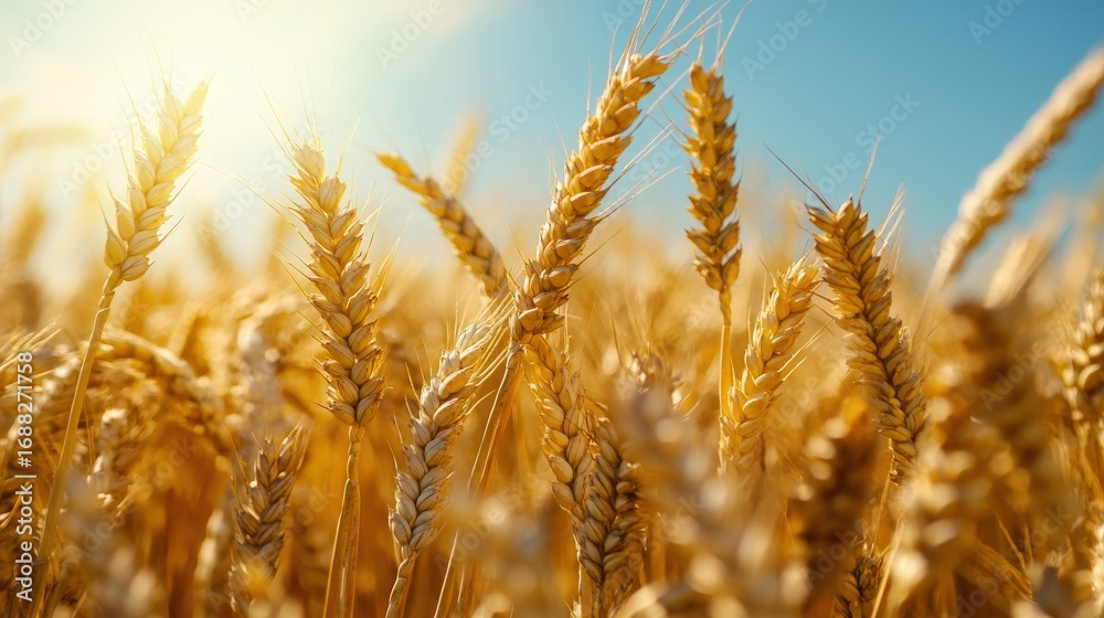 Fototapeta premium Golden wheat field under a bright sky.