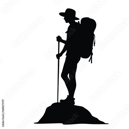 Silhouette of a hiker with backpack and trekking pole on a rock