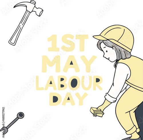 Illustration of a construction worker celebrating may day with tools and text