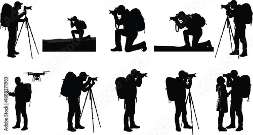 Silhouettes of Outdoor Photographers with Backpacks Using Tripods, Cameras, and Drones, Capturing Nature, Wildlife, Travel, Adventure Photography, Professional Equipment