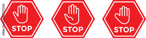 hand stop icon set. Red and black stop sign with hand icon set, stop hand icon. vector png illustration.
