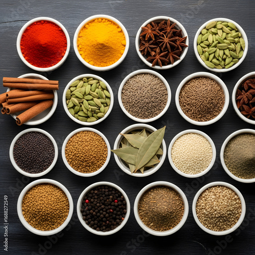 Assortment of colorful aromatic spices and herbs in white bowls on a dark surface.