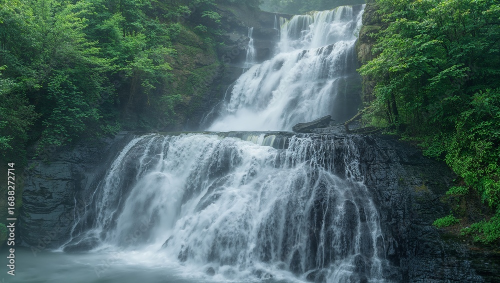 Obraz premium Cascading Waters. A Study in Motion and Texture, Greenery and Flowing Elements.