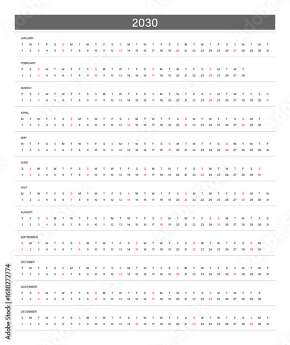 2030 Linear Calendar. Replaceable Text. One line calendar template