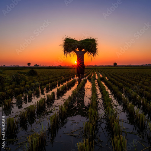 Silhouette of Farmer Carrying Harvested Rice at Sunset.