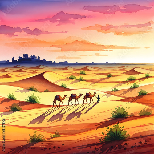 Watercolor Painting of Camels Walking Across Desert Landscape.