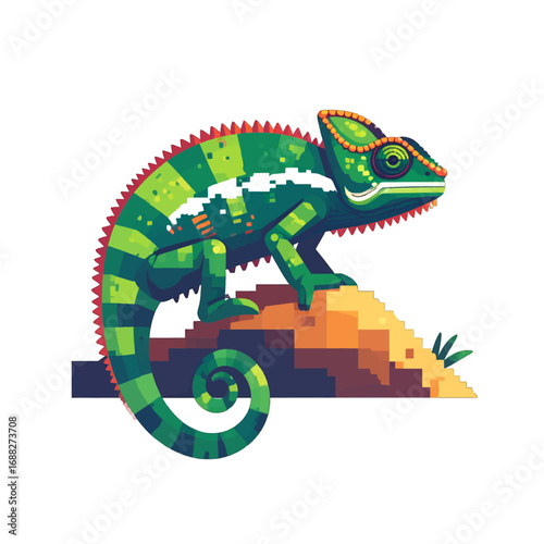 Pixelated Green Reptile with Red Crest on Brown Branch Illustration Isolated on White Background