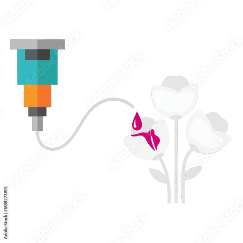 Irrigation System Watering White Flowers with Isolated Clear Background in Flat Design Style for Stock Illustration Artwork