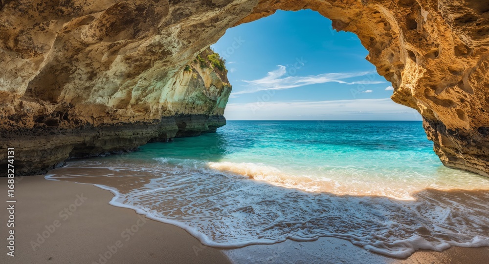 Fototapeta premium Coastal Archway Scene. A Vista of Turquoise Waters and Golden Rock Formations.