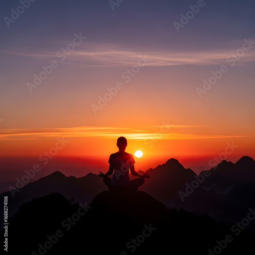 Silhouetted Person Meditating at Sunrise Mountaintop.