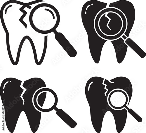 Magnifying glass inspecting cracked tooth silhouette