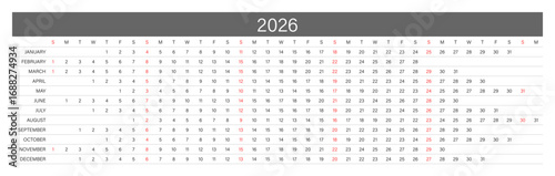 2026 Linear Calendar. Replaceable Text. One line calendar template