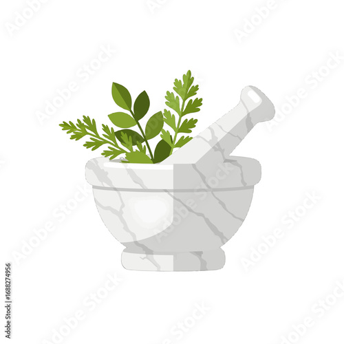 Mortar and Pestle with Green Herbs Still Life on White Background