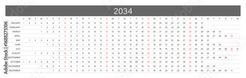 2034 Linear Calendar. Replaceable Text. One line calendar template