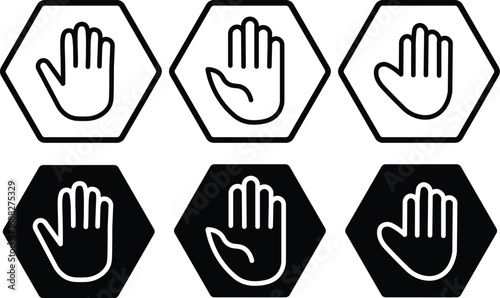 hand stop icon set. Red and black stop sign with hand icon set, stop hand icon. vector png illustration.
