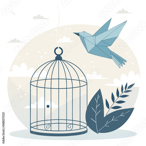 Blue Geometric Bird Finding Freedom from an Open Cage.
