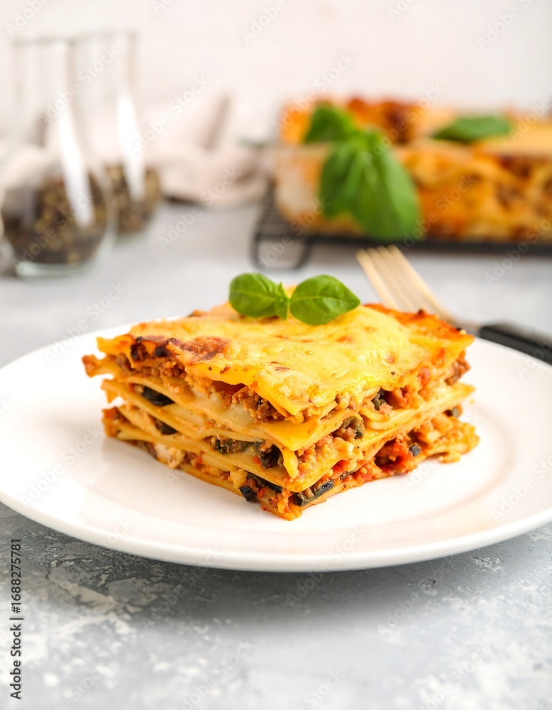 Fototapeta premium Creamy lasagna slice on plate