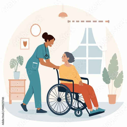 Caring Nurse Assisting Elderly Woman in Wheelchair.