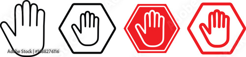 hand stop icon set. Red and black stop sign with hand icon set, stop hand icon. vector png illustration.
