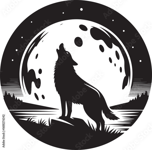Majestic Wolf Howling at the Full Moon Under a Starry Night Sky with Trees and Water
