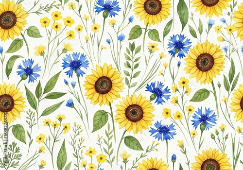 Watercolor Sunflower and Cornflower Pattern on White Background, Floral Design