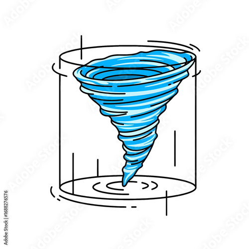 Stylized Blue and White Tornado in Transparent Glass Container with Black Outline on White Background