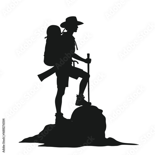 Silhouette of hiker with backpack and trekking pole on rock 6
