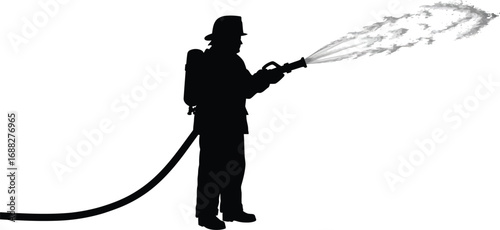 Firefighter silhouette spraying water hose action scene professional hero vector