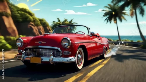 Cruising in a Vintage Red Convertible on a Tropical Coast