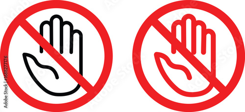 Red stop hand block octagon sign or Adblock or do not enter or forbidden icon. Red and black stop sign with hand icon set
