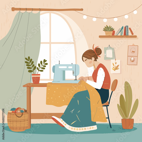 Creative Woman Sewing Fabric on a Machine by the Window.
