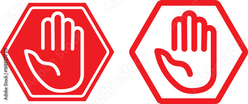 Red stop hand block octagon sign or Adblock or do not enter or forbidden icon. Red and black stop sign with hand icon set
