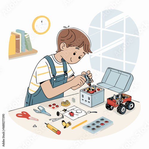 Creative Young Boy Building a Robot at a Workbench.