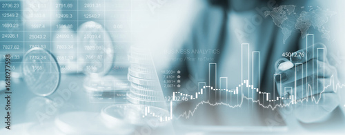 Business, finance, banking and investment concept. Finance analyst analyzing and calculating financial data with economic graph growth chart, Business strategy and planning for investment