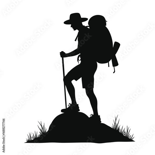 Silhouette of hiker with backpack and trekking pole on rock 10